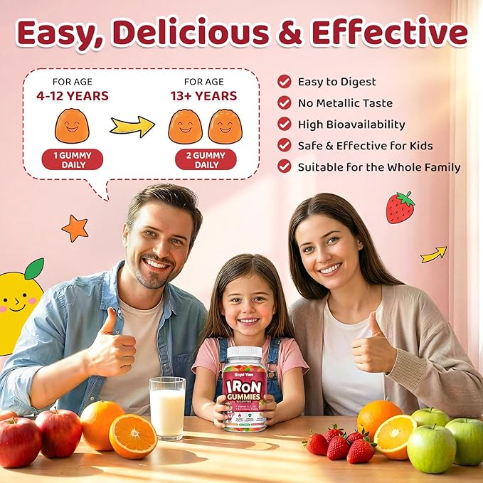 Iron Supplement Gummies for Kids, Kids Multivitamin with Iron - Vitamin B Complex, C, D3, Calcium, Folate, Zinc, FOS for Blood Builder & Energy Support, Iron Deficiency, Vegan,Mixed Fruit Flavor,60 ct
