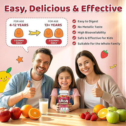 Iron Supplement Gummies for Kids, Kids Multivitamin with Iron - Vitamin B Complex, C, D3, Calcium, Folate, Zinc, FOS for Blood Builder & Energy Support, Iron Deficiency, Vegan,Mixed Fruit Flavor,60 ct
