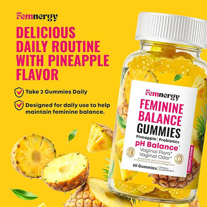 Feminine Balance Probiotic Gummies for Women - Vaginal Health & pH Balance Natural Gummy Supplement with Probiotics Pineapple Cranberry Vitamin C - Women's Healthy Odor & Flora Support - Gluten-Free