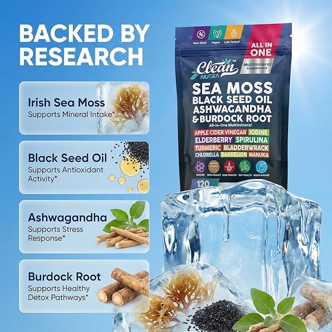 Clean Nutraceuticals Sea Moss Black Seed Oil Ashwagandha Turmeric Bladderwrack Burdock & Vitamin C Vitamin D3 with Elderberry Manuka Dandelion (120 Count (Pack of 1))