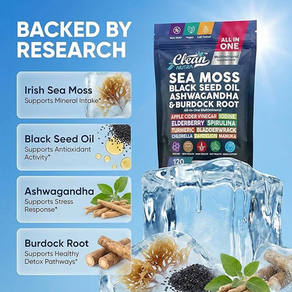 Clean Nutraceuticals Sea Moss Black Seed Oil Ashwagandha Turmeric Bladderwrack Burdock & Vitamin C Vitamin D3 with Elderberry Manuka Dandelion (120 Count (Pack of 1))