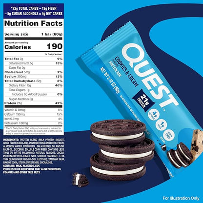 Quest Nutrition Cookies & Cream Protein Bars, 21g Protein, 4g Net Carbs, 1g Sugar, High Fiber, Gluten Free, Keto Friendly, 4 Count