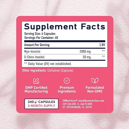 Myo-Inositol & D-Chiro Inositol for Hormone Balance for Women | Ideal 40:1 Ratio | Menstrual Cycle and Ovarian Health Support Supplement | Myo 2000mg & D Chiro 50mg with Vitamin B8 | 240 Count