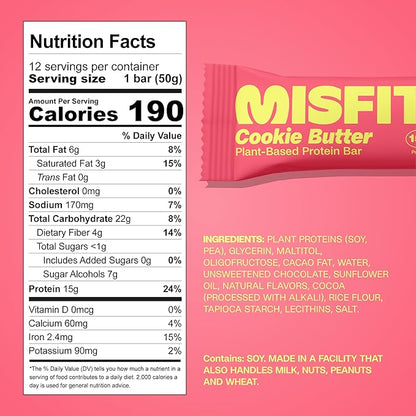 Misfits Vegan Protein Bars - Speculoos Cookie Butter | Nutrition Bars - 15g Protein, 1g Sugar, Plant-based, Low Carb, Non-GMO, Gluten Free Snacks | Pack of 12