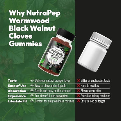 NutraPep Wormwood Black Walnut & Cloves Gummies - Gut Health Immune Support & Natural Detox Cleanse Traditional Herbal Supplement - Vegan Gluten-Free Non-GMO Orange Flavor 60 Gummies