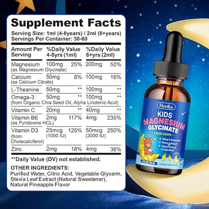 Kids Magnesium Glycinate Liquid with L-Theanine Omega-3, Vitamin B6, D3, Zinc, Magnesium Liquid Drops for Kids Sleep, Relaxation, Calm & Focus, 2 Fl Oz Pineapple Flavor