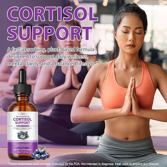 Cortisol Supplements for Women and Men with Magnesium, Ashwagandha, L-Theanine, 10 in 1 Cortisol Detox Manager Reducer, Hormone Balance Liquid Drops - Mood, Focus, Sleep - Blueberry Flavor(2.02 fl.oz)