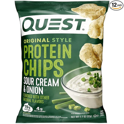 Quest Nutrition Sour Cream & Onion Protein Chips, 19g Protein, 4g Net Carbs, Low Carb, Gluten Free, 1.1 oz (Pack of 12)