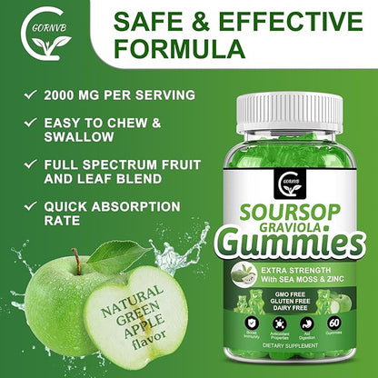 (2 Pack) Soursop Graviola Gummies - 2200mg Extra Strength Soursop Leaves Extract w/Sea Moss Extract 200mg, Zinc & Vitamin C - Supports Immunity, Liver & Digestive, Gluten Free, Vegan, 120 Gummies