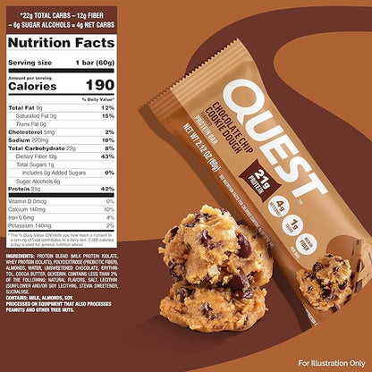 Quest Nutrition Chocolate Chip Cookie Dough - High Protein, Low Carb, Gluten Free, Keto Friendly, 2.12 Oz, 20 Count (4 Packs of 5)