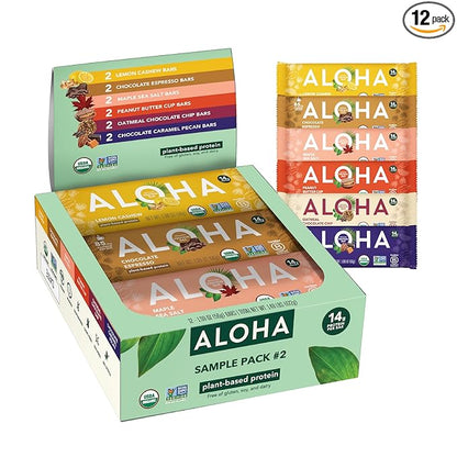 ALOHA Organic Plant Based Protein Bars - Sampler Pack #2-12 Bars, Vegan, Low Sugar, Gluten-Free, Paleo, Low Carb, Non-GMO, No Stevia, No Erythritol