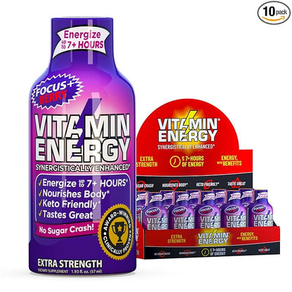 Vitamin Energy Focus+ Extra Strength Energy Shot Berry 10 Pack, 260mg Natural Caffeine, B-Vitamins, CoQ10, Amino Acids, Focus, Productivity & Clarity, Zero Sugar, Gluten-Free, 1.93 fl oz
