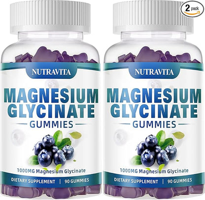 Magnesium Glycinate Gummies 1000mg with Magnesium L-Threonate,Chelated Magnesium Potassium Complex Supplement with VitD, B6, CoQ10, Calcium,Supports for Memory, Calm, Mood - 180 Gummies Blueberry