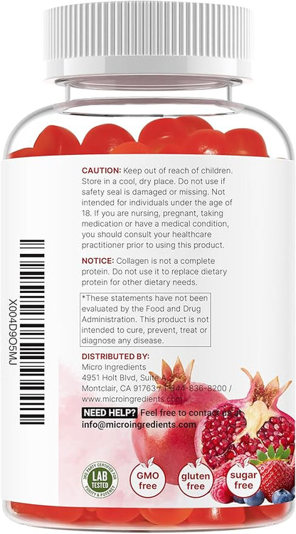 Micro Ingredients Multi Collagen Peptides, 120 Collagen Gummies | Type I,II,III,V,X Protein with Biotin, Hyaluronic Acid, & Vitamin C Complex | Pomegranate & Berry Flavored | Sugar Free, Non-GMO