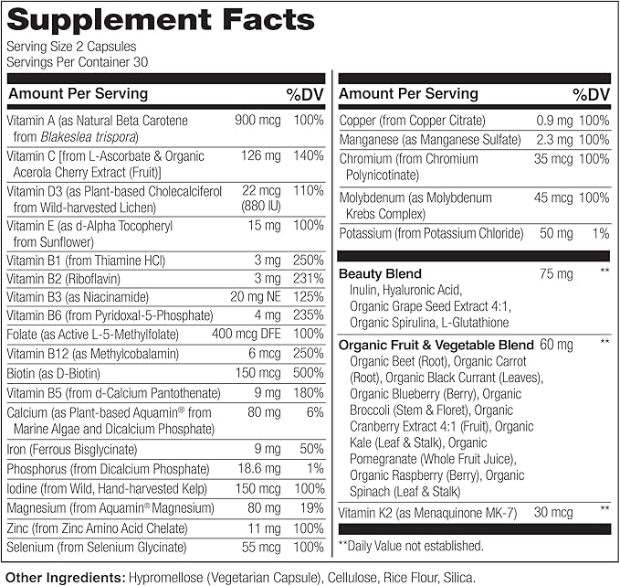 NATURELO Whole Food Multivitamin with Extra Hair, Skin and Nails Support - Beauty Blend with Hyaluronic Acid & Grape Seed - High Potency Biotin, Vitamin C, and Glutathione - 60 Vegan Capsules
