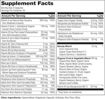 NATURELO Whole Food Multivitamin with Extra Hair, Skin and Nails Support - Beauty Blend with Hyaluronic Acid & Grape Seed - High Potency Biotin, Vitamin C, and Glutathione - 60 Vegan Capsules