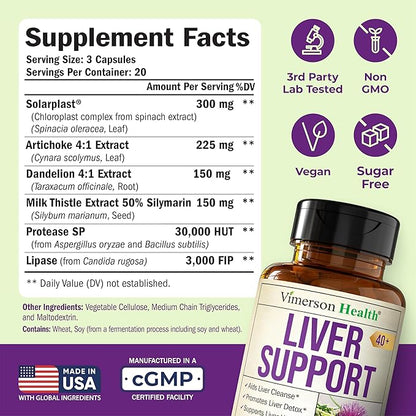 Liver Support with Artichoke Extract, Enzymes, Silymarin 50% Milk Thistle, Dandelion Root, Lipase & Protease, Solarplast® Antioxidants – Supports Detox, Digestion & Energy. 60 Capsules, 20 Day Supply
