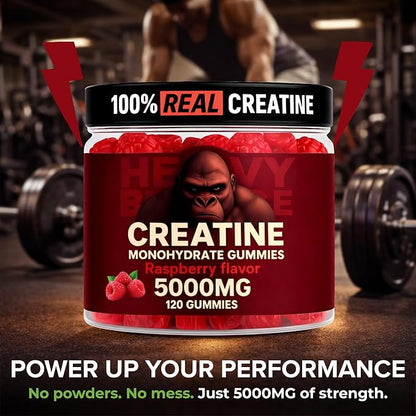 Creatine Monohydrate Gummies 5g Sugar Free Creatine with Vitamin B12 and L-Taurine | Muscle Growth for Men and Women | Low Calorie Formula 120 Gummies for 30 Servings, Raspberry