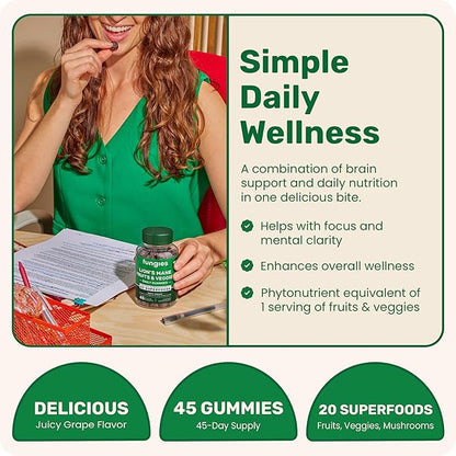 Fungies Lion's Mane Mushroom Gummies with Fruits & Veggies Superfood Blend, Juicy Grape Flavor - Mushroom Herbal Supplement Gummy for Adults & Children - Brain Health & Daily Wellness - 45 Servings