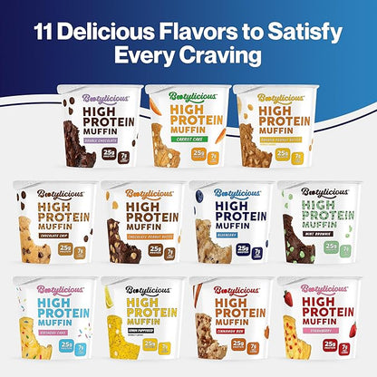 Bootylicious | 25g Protein Muffin | Blueberry | Low Carb, 14g Fiber, Low Glycimic Index, Low Sugar, 2.29 Cup, 12-Pack