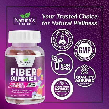 Fiber Gummies 4g Per Serving - Sugar Free Fiber Gummy Supplement for Adults, Daily Prebiotic Gummy Digestive Support - Plant Based Chews, Prebiotics Supports Regularity & Digestion - 60 Gummies