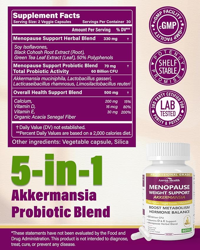 Menopause Supplements for Women 60 Billion with Akkermansia Probiotic & Prebiotic, Vitamin D & E for Hormone Balance, Metabolism, Gut Health, Hot Flashes - Non-GMO | 180 Caps