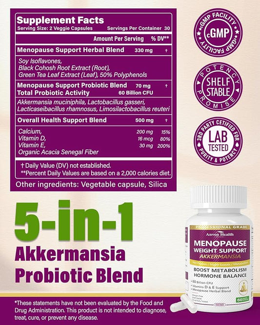 Menopause Supplements for Women 60 Billion with Akkermansia Probiotic & Prebiotic, Vitamin D & E for Hormone Balance, Metabolism, Gut Health Hot Flashes & Night Sweats - Non-GMO | 60 Caps