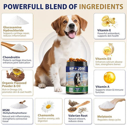 Hip and Joint Supplement for Dogs 200 Dog Calming Chews with Glucosamine, Chondroitin, Msm, Omega3, Melatonin for Senior Dogs Anxiety Pain Relief Anti Inflammatory Small/Medium/Large Dog -Chicken