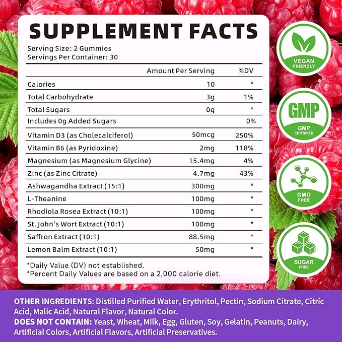Saffron Gummies, Saffron Supplements for Kids & Adults with Ashwagandha, L-Theanine, Lemon Balm, Vitamin D3, B6, Magnesium & Zinc - Support Focus, Relaxation, Raspberry Flavor, 60 Count