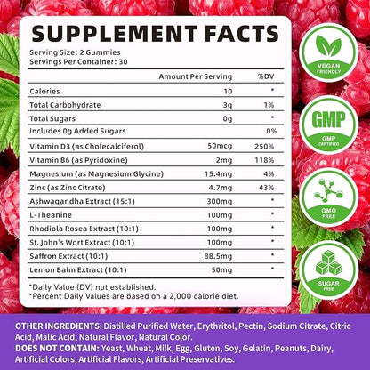 Saffron Gummies, Saffron Supplements for Kids & Adults with Ashwagandha, L-Theanine, Lemon Balm, Vitamin D3, B6, Magnesium & Zinc - Support Focus, Relaxation, Raspberry Flavor, 60 Count