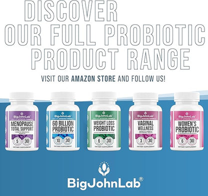 BIGJOHNLAB® - Menopause Total Support – Advanced Probiotic Formula with 5 Strains & 15 Billion CFU, Resveratrol, Black Cohosh, Acacia Fiber, Non-GMO & 100% Vegetarian
