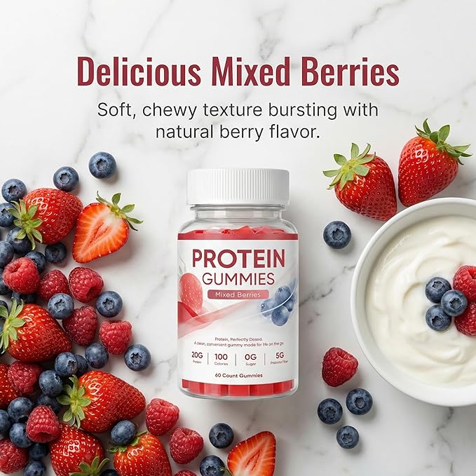 Protein Gummies,20g Protein Per Bottle, Sugar-Free, Mixed Berry Flavor, Low Calorie Vegan Protein Snack, Gluten & Soy Free, On-The-Go Nutrition,60 Gummies (red)