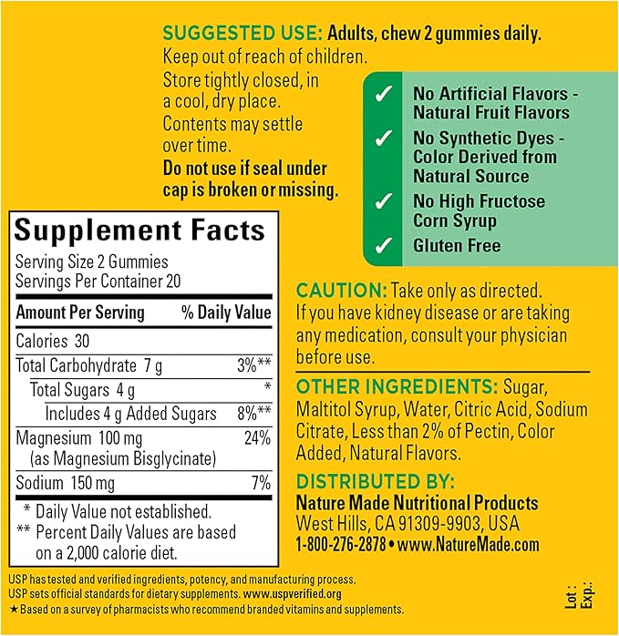 Nature Made High Absorption Magnesium Glycinate Gummies 100 mg per Serving, Muscle, Nerve, Bone and Heart Support, Magnesium Supplement, 40 Magnesium Gummies, 20 Day Supply