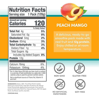 Designer Wellness Protein Smoothie, Real Fruit, 12g Protein, Low Carb, Zero Added Sugar, Gluten-Free, Non-GMO, No Artificial Colors or Flavors, Peach Mango, 12 Count