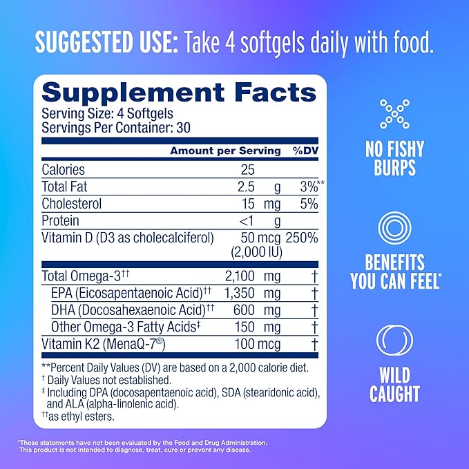 Oceanblue Professional Omega-3 2100 with Vitamin K2 & Vitamin D3 - Triple Strength Burpless Fish Oil Omega-3 Supplement with EPA & DHA - Wild Caught - Orange Flavor - 120 Mini Softgels