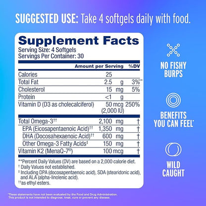 Oceanblue Professional Omega-3 2100 with Vitamin K2 & Vitamin D3 - Triple Strength Burpless Fish Oil Omega-3 Supplement with EPA & DHA - Wild Caught - Orange Flavor - 120 Mini Softgels