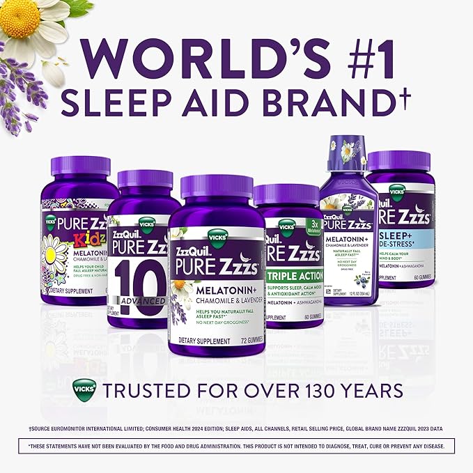 ZzzQuil Pure Zzzs De-Stress 2mg Melatonin Gummies,Sleep Aids for Adults,Ashwagandha for Stress Support,60 Gummies,(Pack of 2)