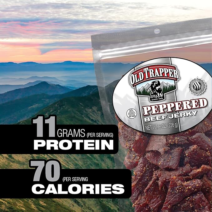 Old Trapper Beef Jerky, Peppered 8 Ounce Pack, Spicy Meat Snacks for Lunches or Between Meals, 11 Grams of Protein, Zero Grams of Fat, and 70 Calories per Serving (Pack of 2)