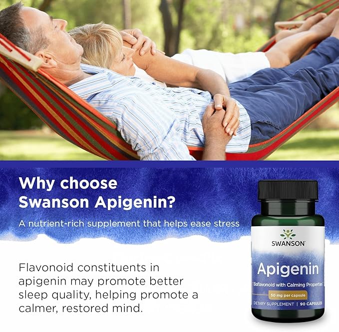 Swanson Apigenin Bioflavonoid Supplement for Adults Seeking Natural Sleep, Relaxation, and Stress Relief Support - 50 mg (90 Vegan Capsules, 4 Pack)