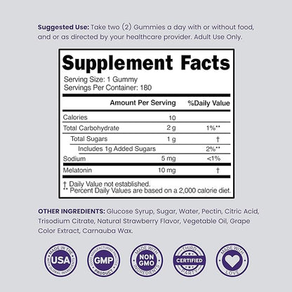 Melatonin Gummies 10mg for Adults (180 Count) - Quick Dissolve Melatonin Gummies - Gummy for Adults Contains 10mg - High Potency - Mixed Berry Flavor - Non-GMO, Vegan Supplement & Made in USA