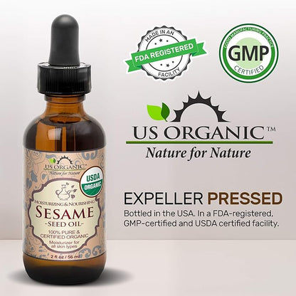 US Organic Sesame Seed Oil, Certified Organic, Untoasted, Unrefined Virgin, Pure & Natural, Cold Pressed, in Amber Glass Bottle w/Glass Eyedropper, Sourced from Mexico (2 oz (Small))