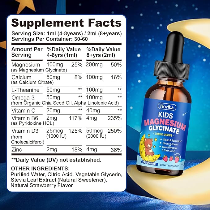 2 Pack Kids Magnesium Liquid Drops - Liquid Magnesium Glycinate Supplement with L-Theanine Omega-3, Vitamin B6, D3, Zinc - Support Sleep, Relaxation, Calm & Focus - Strawberry Flavor
