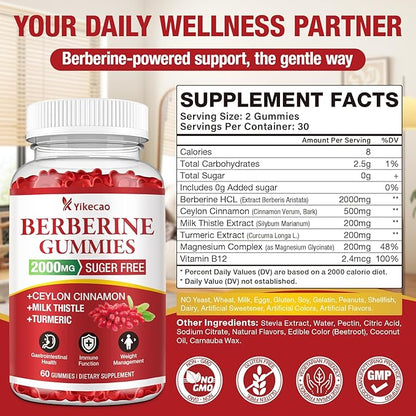 2 Pack Berberine Gummies with Ceylon Cinnamon, 2000mg Berberine HCL Supplement for Women & Men, Sugar Free, Vegan, Non-GMO, Gluten-Free, Raspberry Flavor-120 Count