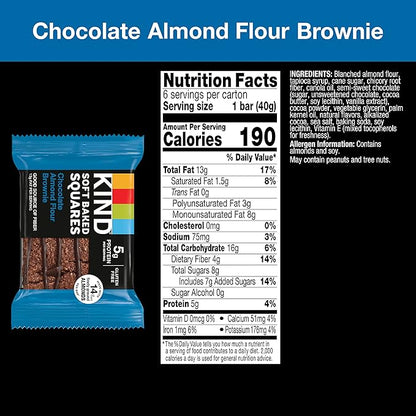 KIND Soft Baked Squares, Chocolate Almond Flour Brownie, Healthy Snack Bars, Gluten Free, 5g Protein, 6 Count (Pack of 2)