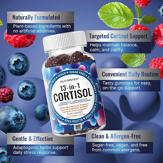 Cortisol Gummies for Women Men - 13-in-1 High Cortisol Reducer with Ashwagandha Magnesium L-theanine Rhodiola Rosea - Daily Cortisol Detox Manager for Stress Focus Support - Vegan Sugar Free