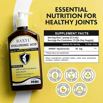 BAXYL - Liquid Hyaluronic Acid for Joint Relief Supplement (Vegan, Gluten-Free, Non-GMO, Patented Oral MHB3) (3 Pack)