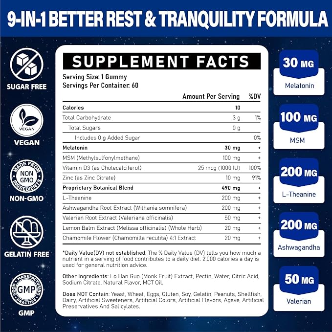 Melatonin Gummies 30mg for Adults: Maximum Strength Melatonin Supplement with L-Theanine, Ashwagandha, MSM, Vitamin D3 & Zinc - Non-Habit Forming, Natural Mixed Berry Flavor 60 Count (Pack of 2)