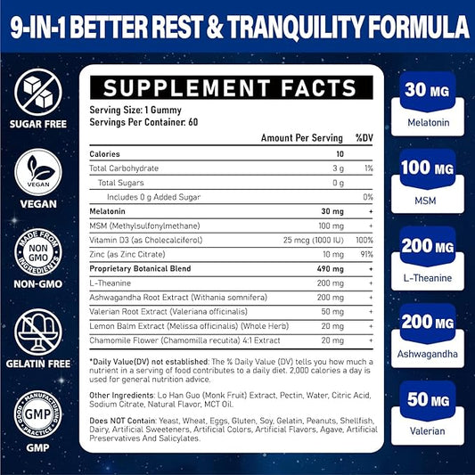 Melatonin Gummies 30mg for Adults: Maximum Strength Melatonin Supplement with L-Theanine, Ashwagandha, MSM, Vitamin D3 & Zinc - Non-Habit Forming, Natural Mixed Berry Flavor 60 Count (Pack of 2)
