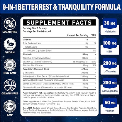 Melatonin Gummies 30mg for Adults: Maximum Strength Melatonin Supplement with L-Theanine, Ashwagandha, MSM, Vitamin D3 & Zinc - Non-Habit Forming, Natural Mixed Berry Flavor 60 Count (Pack of 1)