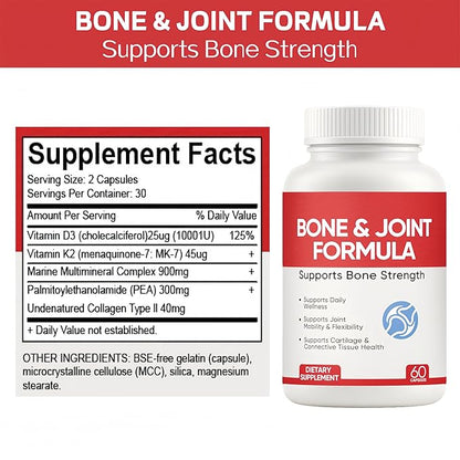 Osteo Bone & Joint Formula Forbone Density, Bone and Joint Formula Supplement, Calcium Supplements for Women with Vitamin D3, K2, Collagen Ll, Marine Multimineral Complex, 60 Capsules